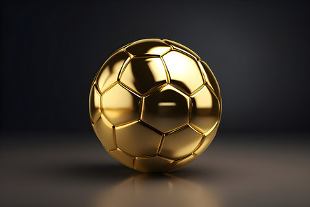 Golden soccer ball isolated on black background. Football sport game ball, generated by AI. 3D illustrationの素材