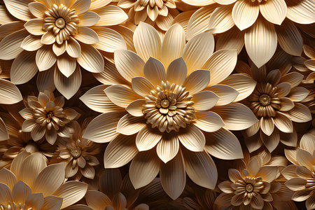 3D branches of golden arabesque style blossoms on a golden background, generated by AI. 3D illustrationの素材