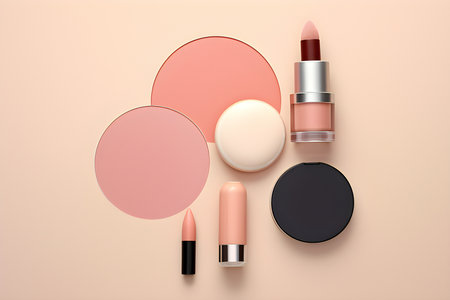 Pink cosmetics on pastel background, top view, generated by AI. 3D illustrationの素材