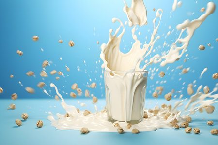 Close-up of milk splashes with porridge oat flakes flying on a light background, created by artificial intelligence. created by AI. 3D illustrationの素材