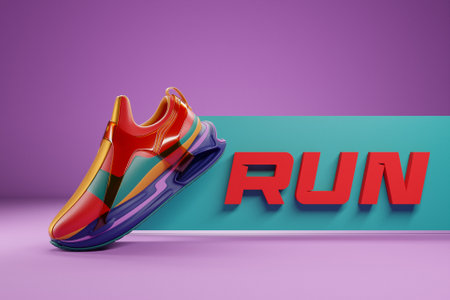 3d illustration of colorful new sports sneakers on a huge foam sole with the inscription run, sneakers in ugly style. Fashionable sneakers.の写真素材