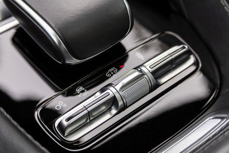 Novosibirsk, Russia - July 21, 2023: Mercedes-Benz GLE, close-up of off road, parking brake, auto...
