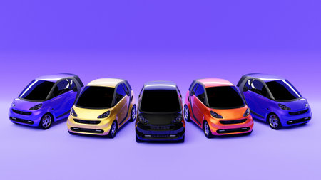 3D illustration of cute children's car models on a purple background. Hatchback illustration in cartoon styleの写真素材