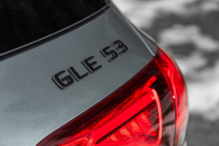 Novosibirsk, Russia - March 31, 2024: Mercedes-Benz GLE, close-up of the logo Mercedes GLE on the car body, silver car.のeditorial素材