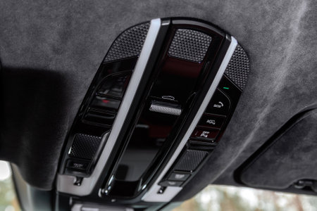 Novosibirsk, Russia - April 04, 2024: white Porsche Cayenne,setting buttons on the roofのeditorial素材