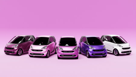 3D illustration of cute children's car models on a pink background. Hatchback illustration in cartoon styleの写真素材