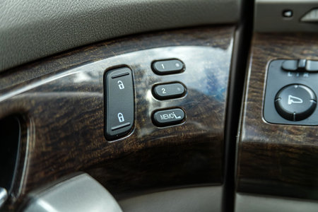 Novosibirsk, Russia - April 01, 2024: gray Acura MDX, close up of a side door control panel in a new...