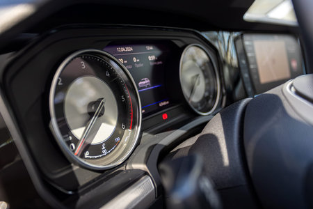 Novosibirsk, Russia - April 13, 2024: gray Volkswagen Touareg, close-up of the dashboard,...