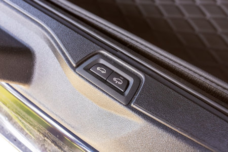 Novosibirsk, Russia - May 15, 2024: black BMW X7, Ð¡lose-up of the car black interior: trunk...