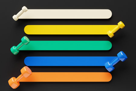 3D illustration of multi-colored dumbbells on blank strips for your design on a black background....