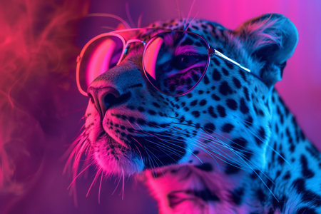 Leopard wearing in sunglasses, fashion portrait under pink and blue neon colors, generated by aiの素材
