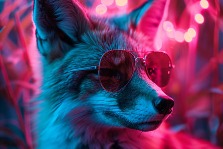 Fox wearing aviator sunglasses, fashion portrait under pink and blue neon colors, generated by aiの素材