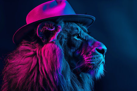 Portrait of an adult lion wearing a hat under neon light, generated by aiの素材