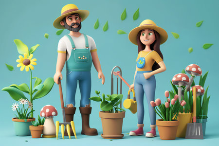 Male and female gardeners characters with plants and gardening tools. Cartoon 3D illustration set of man and woman planting flowers, generated by aiのeditorial素材