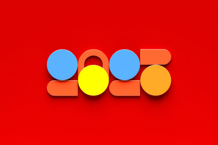 Calendar header number 2025 on red background. Happy new year 2025 colorful background.