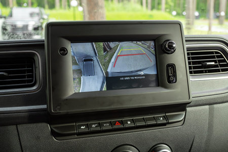Novosibirsk, Russia - July 10, 2024: Renault Master, reverse camera with monitor,buttons - details...