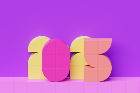 Happy New Year 2025. Volumetric multi-colored Numbers of 2025. Trendy Christmas background. Realistic 3d illustrationの写真素材