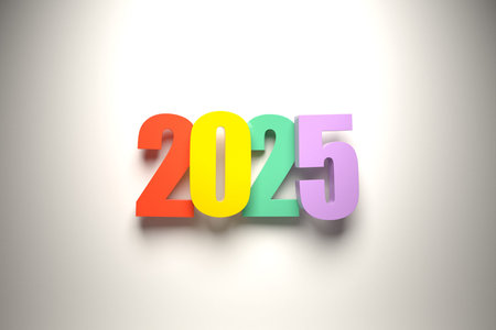 Calendar header number 2025 on white background. Happy new year 2025 colorful background.