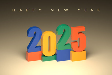 Happy New Year 2025. Volumetric multi-colored Numbers of 2025. Trendy Christmas background....