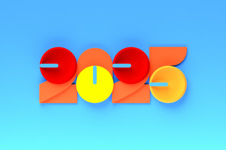 Calendar header number 2025 on pink background. Happy new year 2025 colorful background.