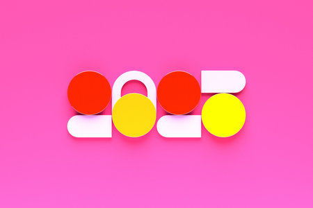 Calendar header number 2025 on pink background. Happy new year 2025 colorful background.