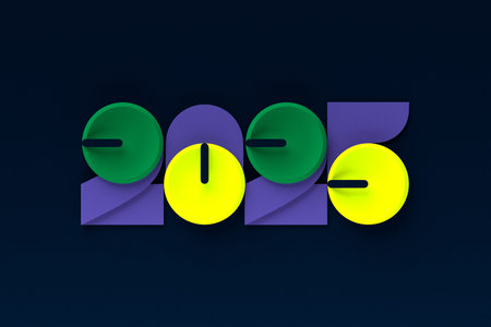 2025 new year card with 3d realistic year number on colorful background. 3D illustration. Volumetric...