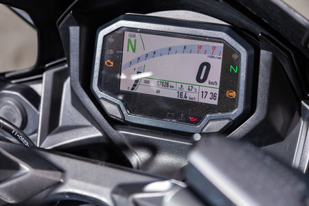 Novosibirsk, Russia - July 10, 2024:Kawasaki Ninja, close-up of motorcycle control panel, rear view