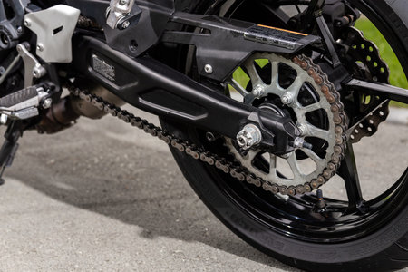 Novosibirsk, Russia - July 10, 2024:Kawasaki Ninja, Close-up wheel of motobike. Traveling concept.のeditorial素材