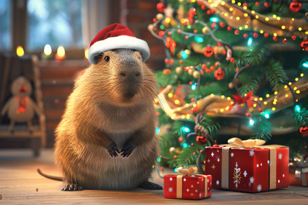 Adorable 3D cartoon capybara wearing a tiny Santa hat, sitting by a decorated Christmas tree, created aiの素材