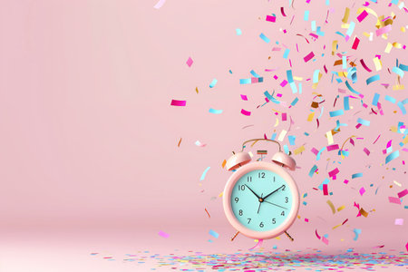 3D render, Minimal Alarm clock with colorful floating confetti isolated on pink background , created aiの素材