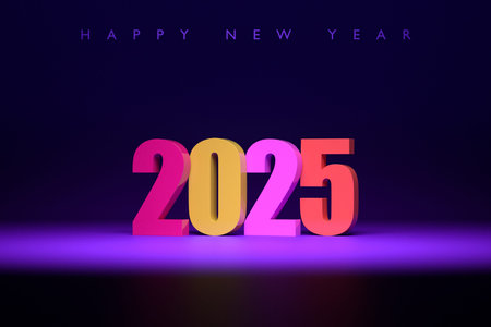 Happy New Year 2025. Volumetric multi-colored Numbers of 2025. Trendy Christmas background....