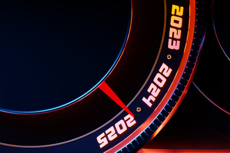 3D illustration close up black speedometer with cutoffs 2024,2025. The concept of the new year and Christmas in the automotive field. Counting months, time until the new yearの写真素材