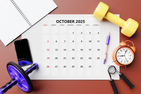 Calendar 2025: October Monthly Planner Template for Corporate Design with Sports Equipment and Phoneの写真素材