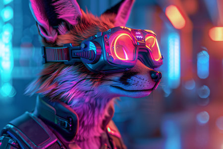 Cyberpunk fox wearing a digital mask, participating in a virtual reality game, 3D render, created by aiの素材