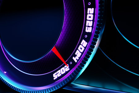 3D illustration close up black speedometer with cutoffs 2024,2025. The concept of the new year and Christmas in the automotive field. Counting months, time until the new yearの写真素材