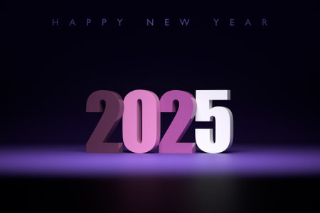 Happy New Year 2025. Volumetric multi-colored Numbers of 2025. Trendy Christmas background. Realistic 3d illustrationの写真素材