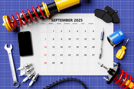 Calendar 2025: September Monthly Planner Template for Corporate Design with Pen, Phone and Car Partsの写真素材