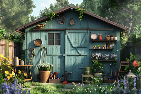Soft 3D render of a charming garden shed with neatly organized tools, created by aiの素材