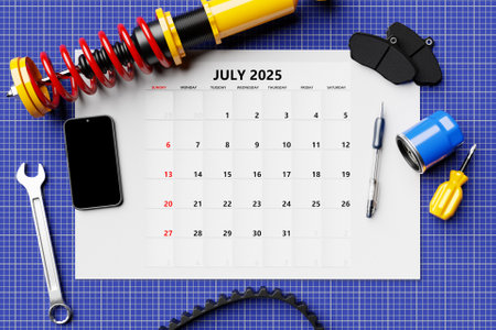 Calendar 2025: July Monthly Planner Template for Corporate Design with Pen and Phoneの写真素材