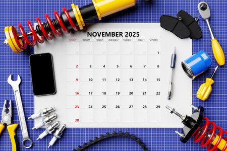 Calendar 2025: November Monthly Planner Template with Pen, Phone and Car Partsの写真素材