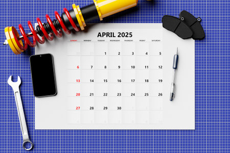 Calendar 2025: April Monthly Planner Template for Corporate Design with Pen, Phone and Car Partsの写真素材