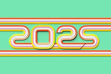 2025 calligraphy with 3d numbers on colorful background with New Year celebration balls for flyers,...