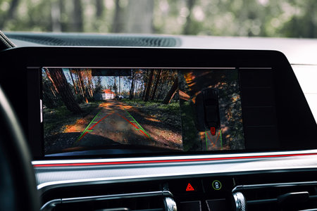 Close-up of monitor with view from reversing camera with parking in park areaの写真素材