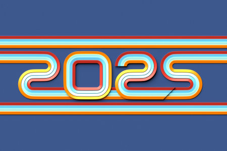 2025 calligraphy with 3d numbers on colorful background with New Year celebration balls for flyers, posters, signs for business design, brochures, cards, banners, postcards. 3D illustrationの写真素材