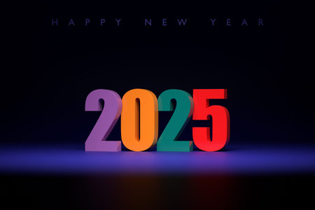 Happy New Year 2025. Volumetric multi-colored Numbers of 2025. Trendy Christmas background....