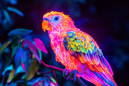 A glowing neon parrot with colorful feathers, perched on a neon-lit tree branch, created by aiの素材
