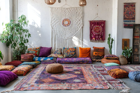 A bohemian-style lounge area with macramÃ© wall hangings, colorful cushions, and low wooden seating, created by aiの素材