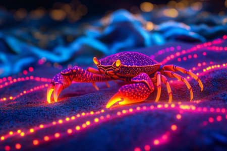 A neon red crab with glowing claws crawling over neon sand, with glowing waves in the background, created by aiの素材