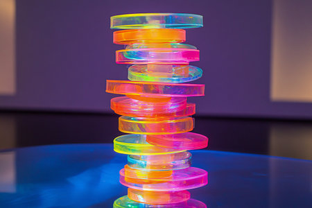 A tall, glowing pillar of stacked transparent neon discs, casting vibrant reflections on a glass surface, created by aiの素材