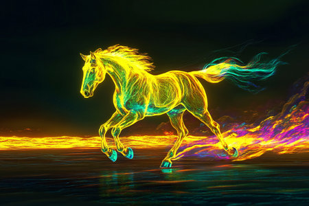 A neon yellow horse with glowing mane galloping across a glowing neon desert, created by aiの素材